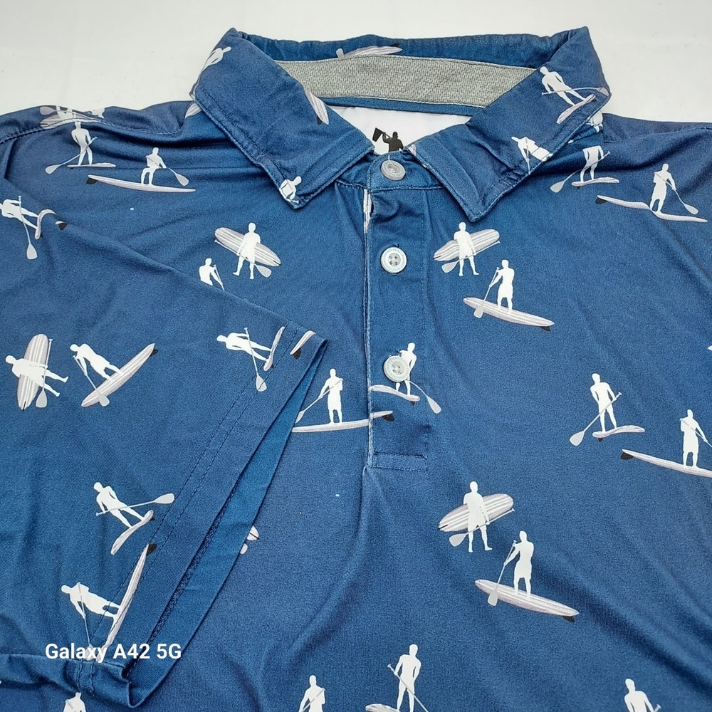 AndersonOrd Mens Blue Paddleboarder Print Performance Golf‎ Polo Shirt Large L